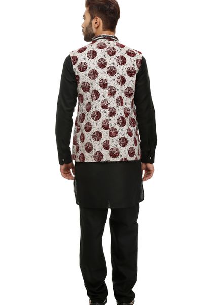 Cotton Blend Party Wear Regular Fit Stand Collar Full Sleeves Printed Regular La Scoot Bridges Pants With Waistcoat Kurta Pyjama