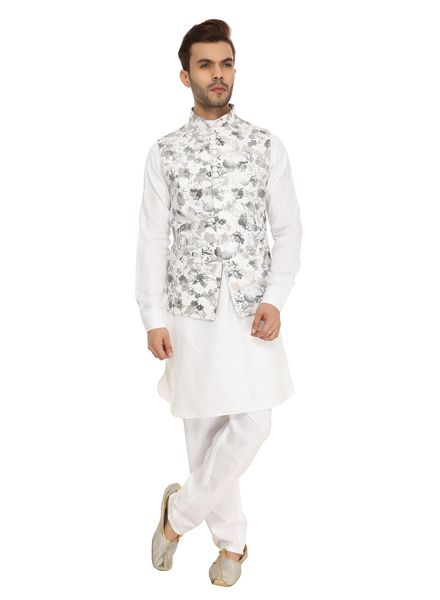 Kurta Pyjama Polyester Cotton Party Wear Regular Fit Stand Collar Full Sleeves Self Regular La Scoot Churidar Pajama With Waistcoat