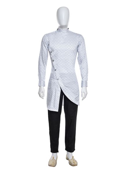 Kurta Pajama Cotton Blend Party Wear Slim Fit Stand Collar Full Sleeves Printed Regular La Scoot Bridges Pants None