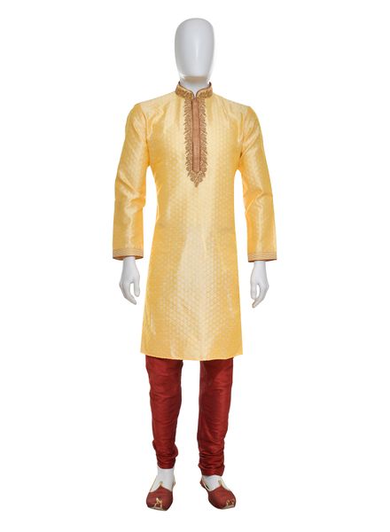 Kurta Pajama Polyester Cotton Party Wear Slim Fit Stand Collar Full Sleeves Embroidery Long La Scoot Churidar Pajama None