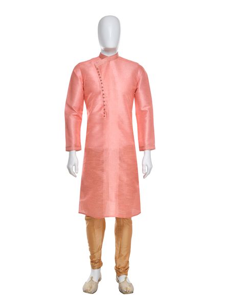 Kurta Pajama Silk Blend Party Wear Slim Fit Stand Collar Full Sleeves Printed Long La Scoot Churidar Pajama None