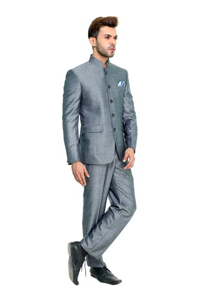Suits Polyester Viscose Party Wear Regular fit Stand Collar Designer Self 2 Piece Suit La Scoot