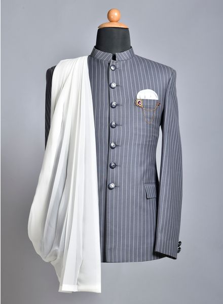 Suits Polyester Viscose Party Wear Regular fit Stand Collar Designer Stripe 2 Piece Suit La Scoot