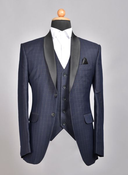 Suits Polyester Viscose Party Wear Regular fit Shawl Collar Designer Check 3 Piece Suit La Scoot