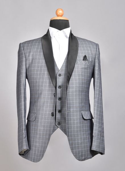 Suits Polyester Viscose Party Wear Regular fit Shawl Collar Designer Check 3 Piece Suit La Scoot