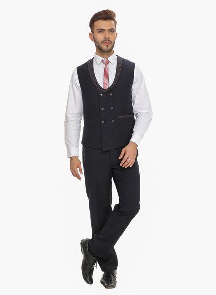 Waist Coat Polyester Cotton Party Wear Regular fit Double Breasted Designer Self Waistcoat 3pcs La Scoot