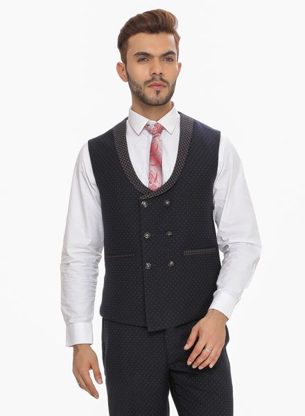 Waist Coat Polyester Cotton Party Wear Regular fit Double Breasted Designer Self Waistcoat 3pcs La Scoot