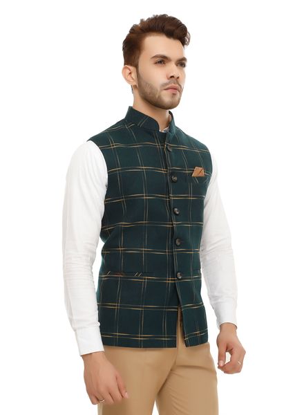 Waist Coat Tweed Party Wear Regular fit Nehru Collar Basic Check Waistcoat La Scoot