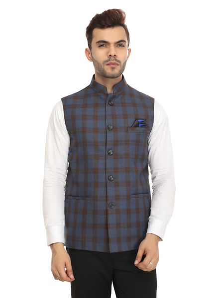 Waist Coat Tweed Formal Wear Regular fit Nehru Collar Basic Check Waistcoat La Scoot
