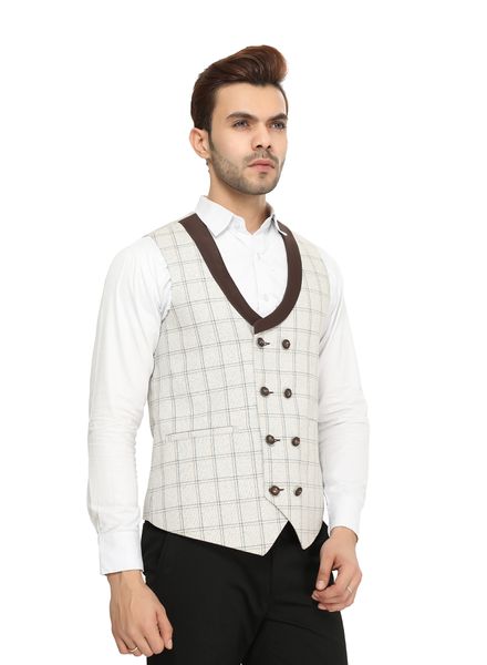 Waist Coat Cotton Blend Party Wear Regular fit Double Breasted Designer Check Waistcoat La Scoot