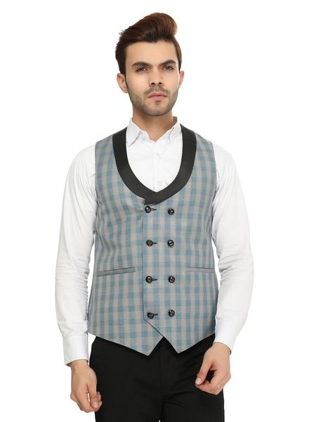 Waist Coat Cotton Blend Party Wear Regular fit Double Breasted Designer Check Waistcoat La Scoot