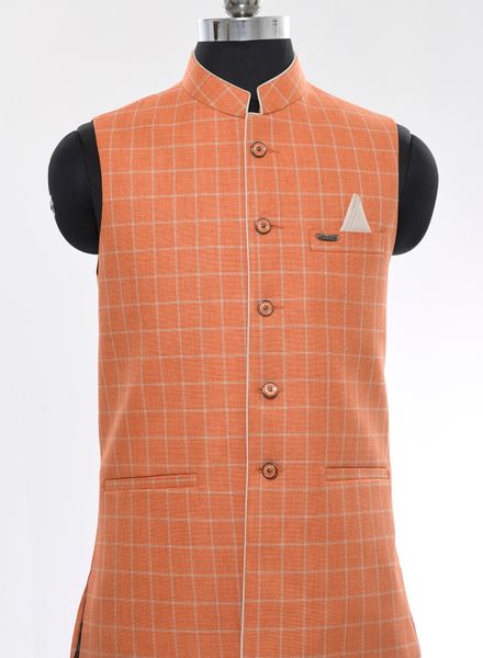 Waist Coat Jute Party Wear Regular fit Nehru Collar Designer Check Waistcoat La Scoot