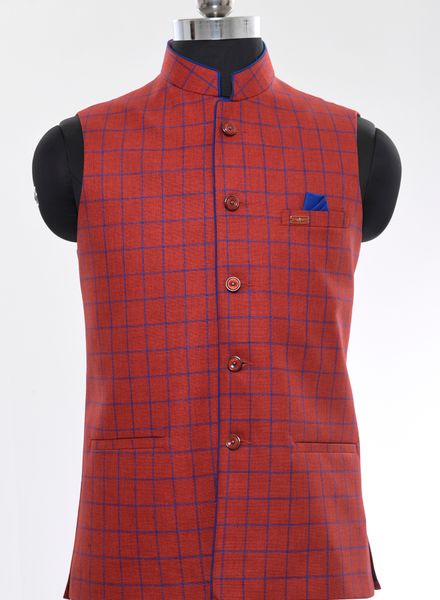Waist Coat Jute Party Wear Regular fit Nehru Collar Designer Check Waistcoat La Scoot
