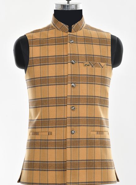 Waist Coat Tweed Party Wear Regular fit Nehru Collar Designer Check Waistcoat La Scoot