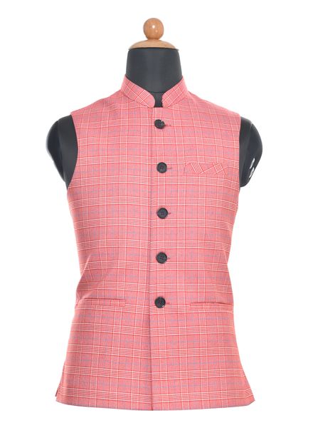 Waist Coat Polyester Cotton Party Wear Regular fit Nehru Collar Basic Check Waistcoat La Scoot