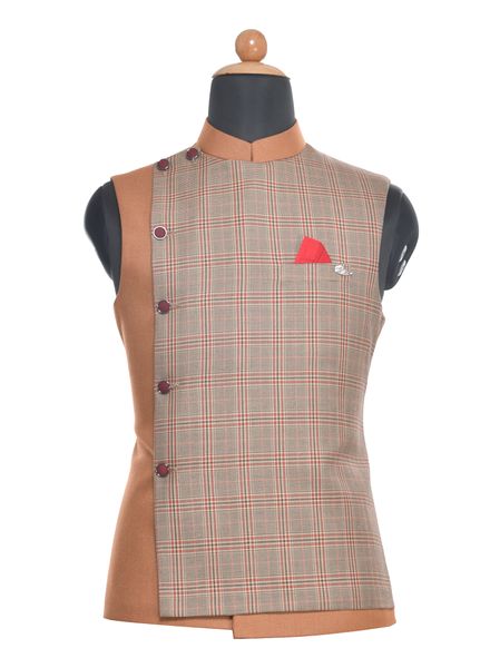 Waist Coat Tweed Party Wear Regular fit Nehru Collar Designer Check Waistcoat La Scoot