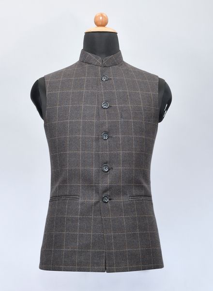 Waist Coat Tweed Party Wear Regular fit Nehru Collar Basic Check Waistcoat La Scoot