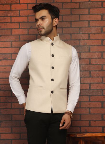 Waist Coat Linen Party Wear Regular fit Nehru Collar Designer Solid Waistcoat La Scoot