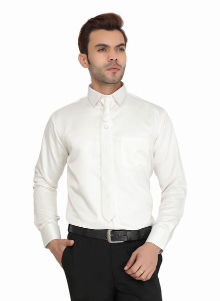 Shirts Cotton Blend Party Wear Slim Fit Basic Collar Full Sleeve Solid With Tie La Scoot